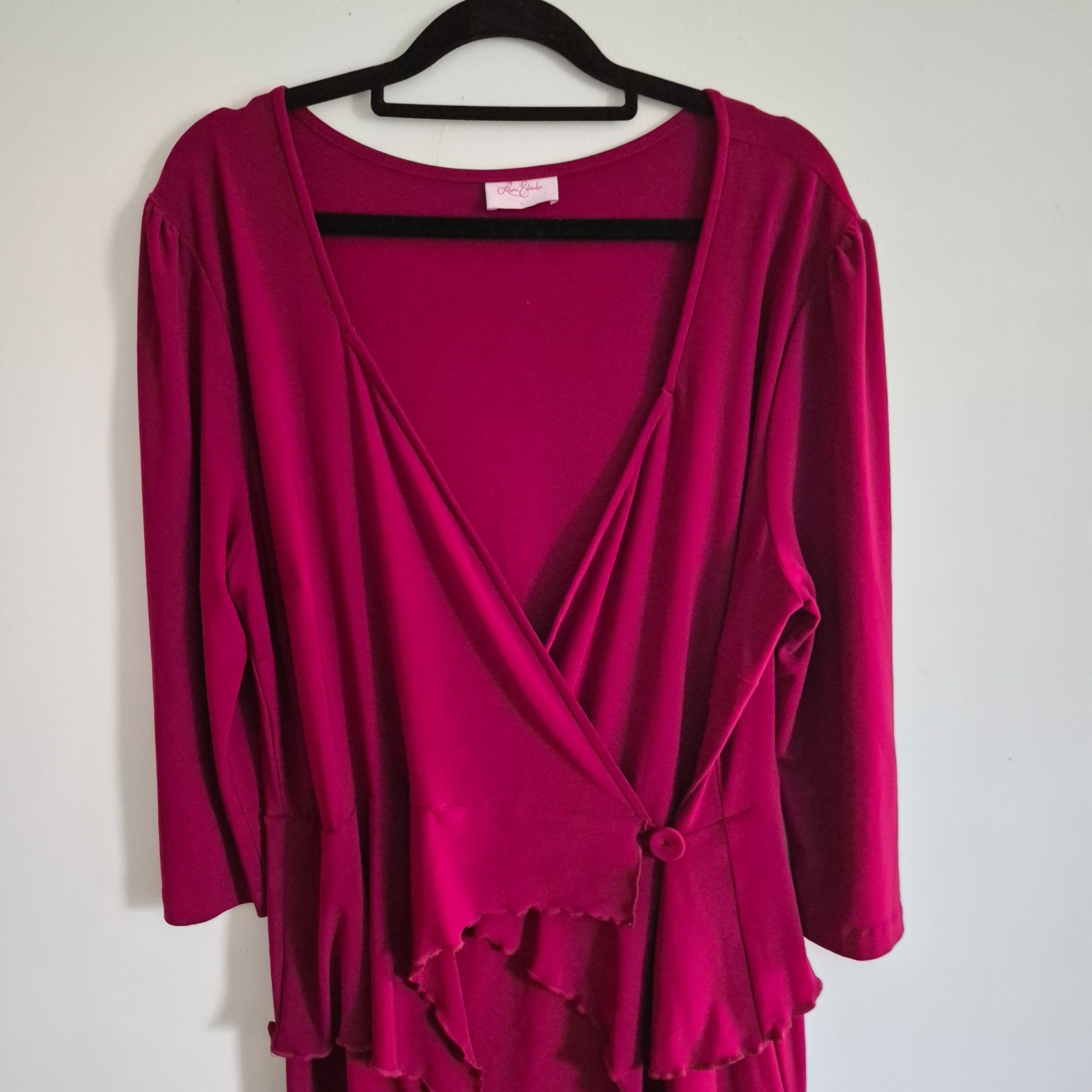 Leona Edmiston Ruby Red Wrap Dress Size 5 AU 14 Stretch 3/4 Sleeve Mid