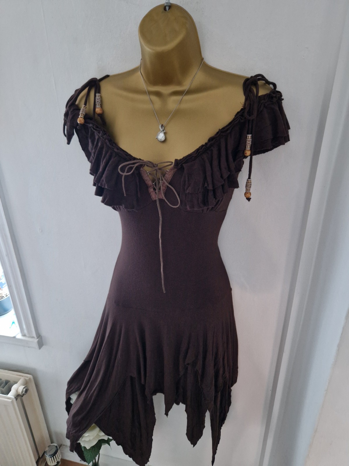 🤎 Rare Stunning Jane Norman Brown Milkmaid Fairy Boho Dress 10/12 🤎