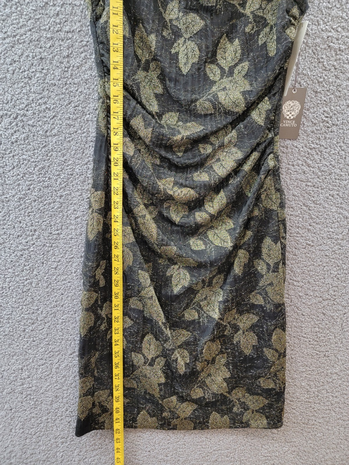 Vince Camuto Metallic-Knit Ruched Cowlneck A-Line Dress Women’s 6 Black/Gold