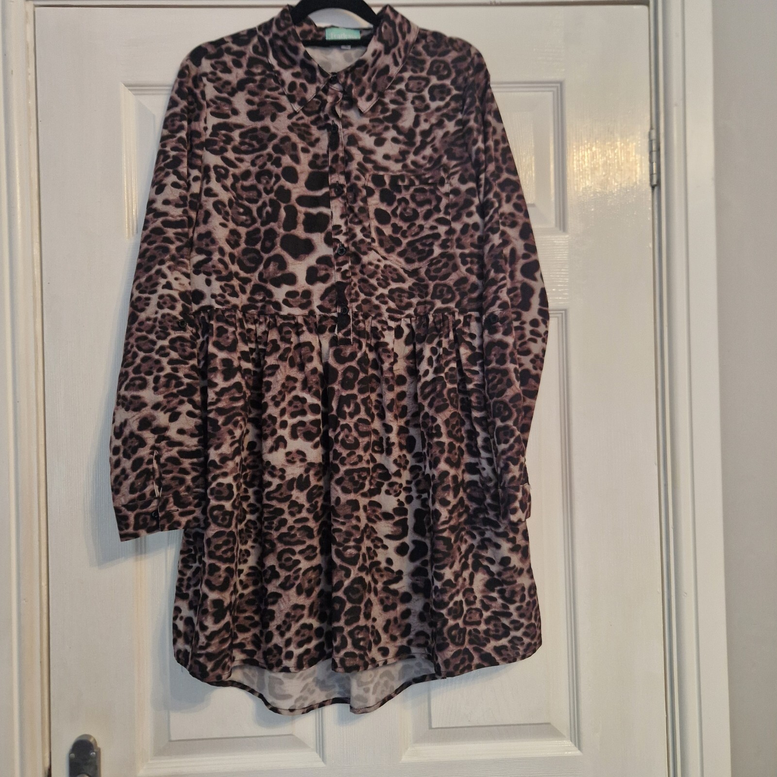 Size 10 Leopard / animal print long sleeve shirt/smock midi dress. Winter spring