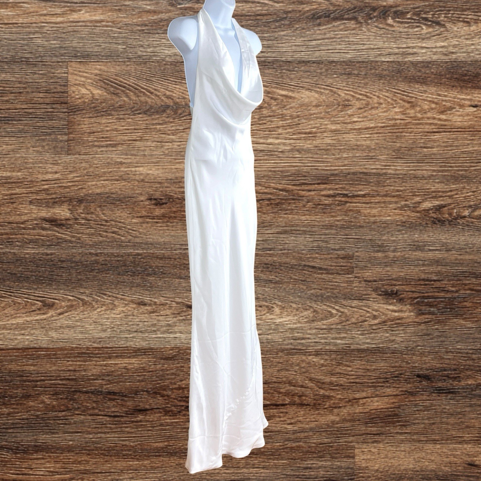 Norma Kamali Halter Drape Bias Gown Size XS White Satin Fishtail Hem Bridal Gala