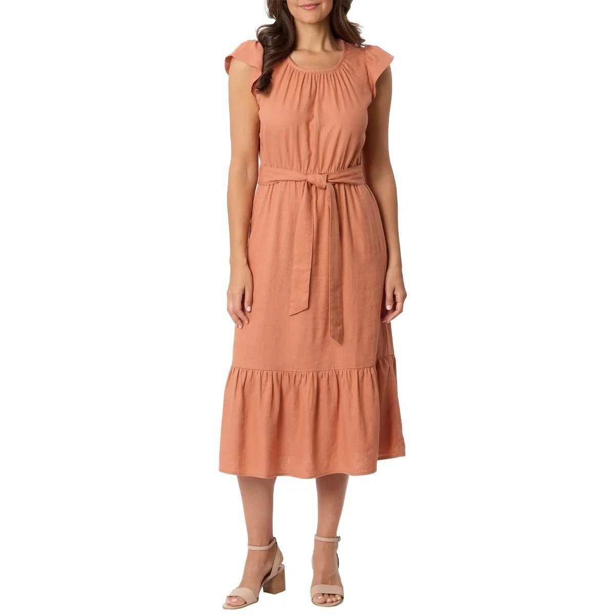 NWT Briggs Women’s M Linen Sleeveless Tiered Midi Dress Rust Orange B0947