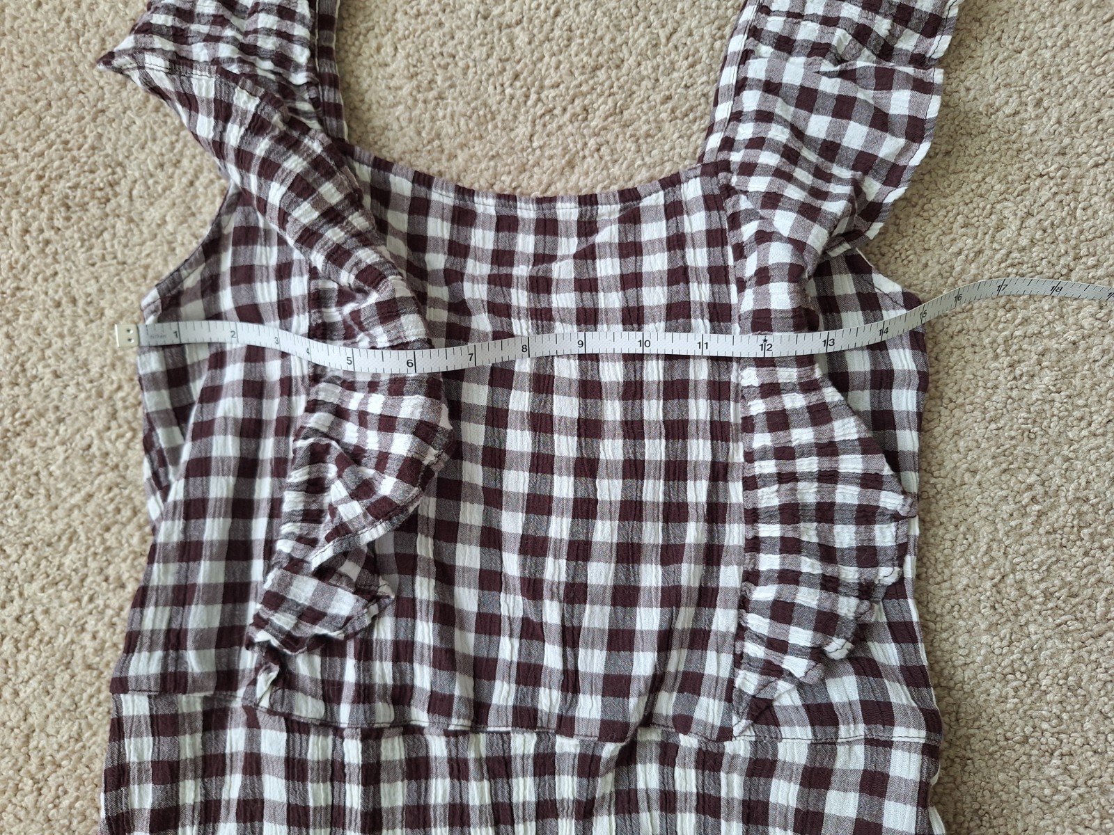 Topshop Brown Gingham Plaid Ruffled Apron Style Dress zipper in Side S US 4