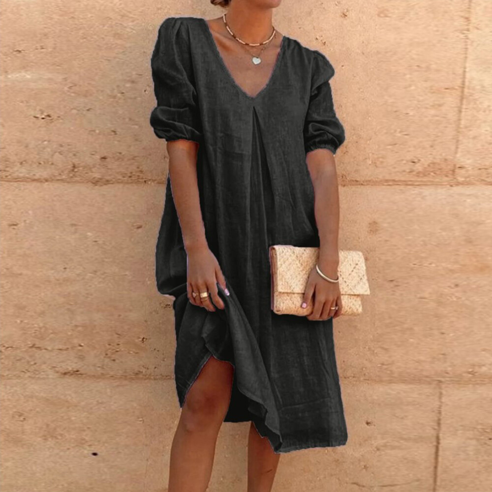 Women Cotton Linen Kaftan Sundress Ladies Summer Beach Holiday Midi Shirts Dress