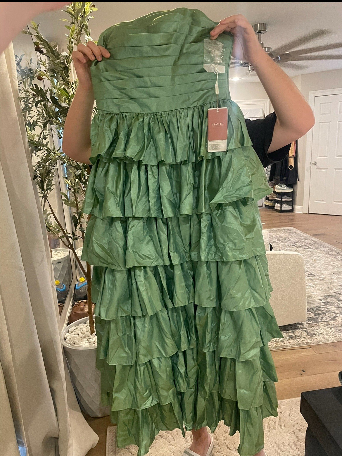 A-line Square Neckline Strapless Floor-Length Dress with Ruffles Slit