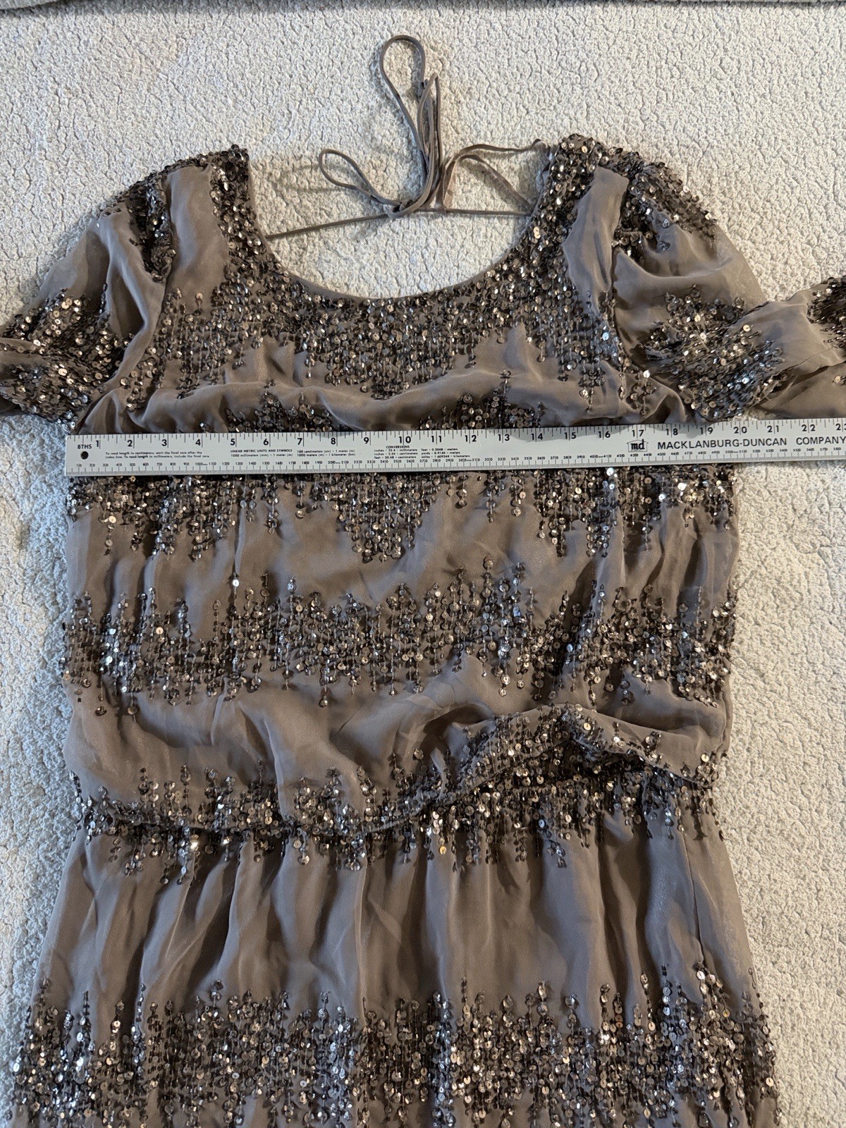 Adrianna Papell Sequin Blouson Mini Dress Taupe with 3/4 Sleeves Size 14 New