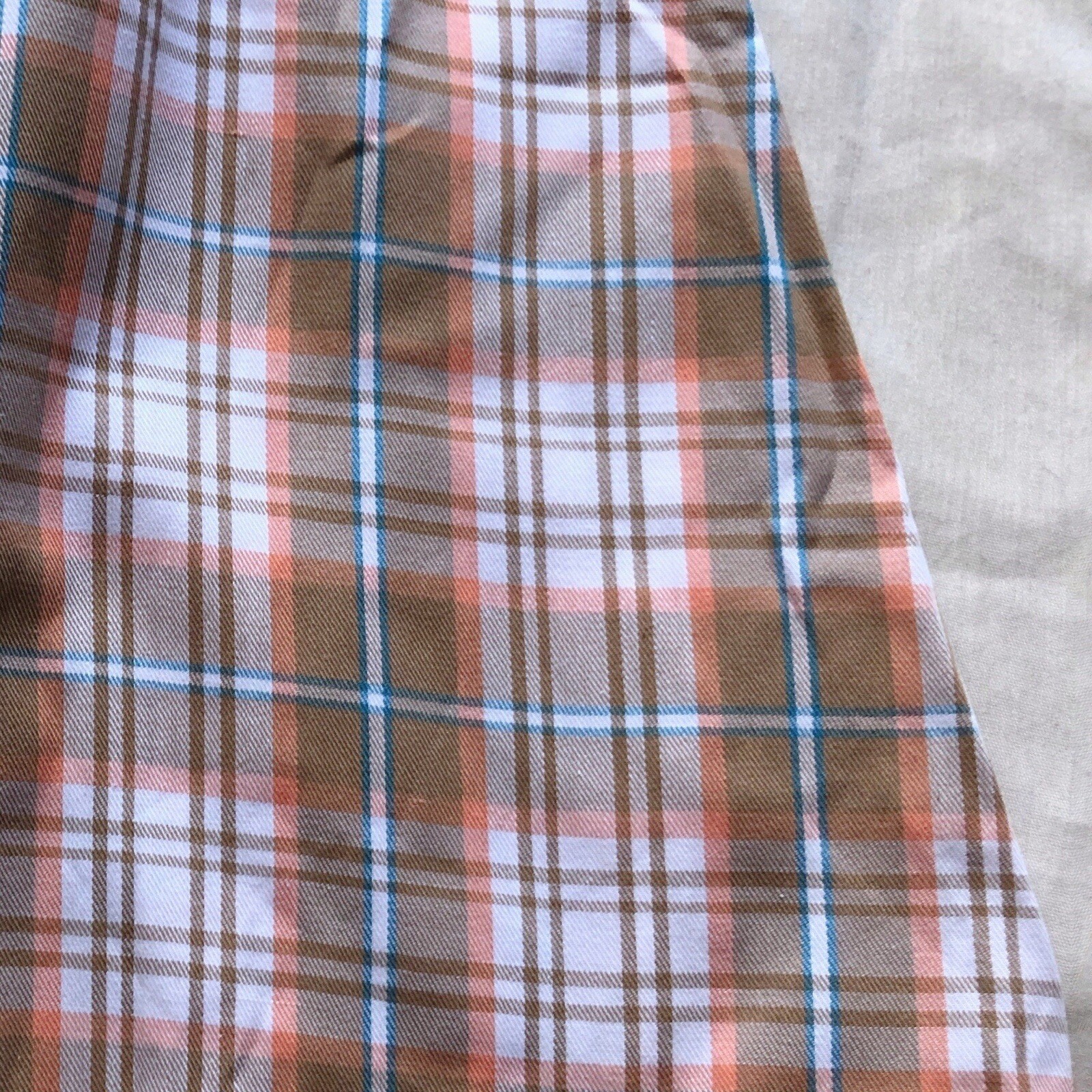 No Boundaries Tan White Orange Blue Plaid Mini Sleeveless Pinafore Dress Size M