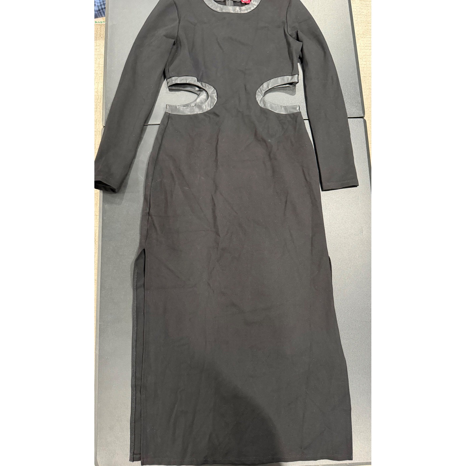 Staud Black Cutout Maxi Dress Long Sleeve Faux Leather Trim Size L