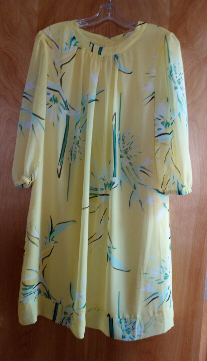 Eva Mendes Dress New York & Co. Yellow Floral Chiffon A-Line Loose Sz M