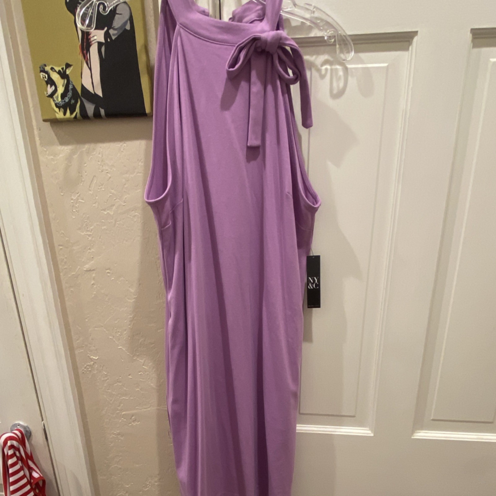 NY & Company Purple Midi Shift Dress L Sleeveless Bow Button High Neck Jersey
