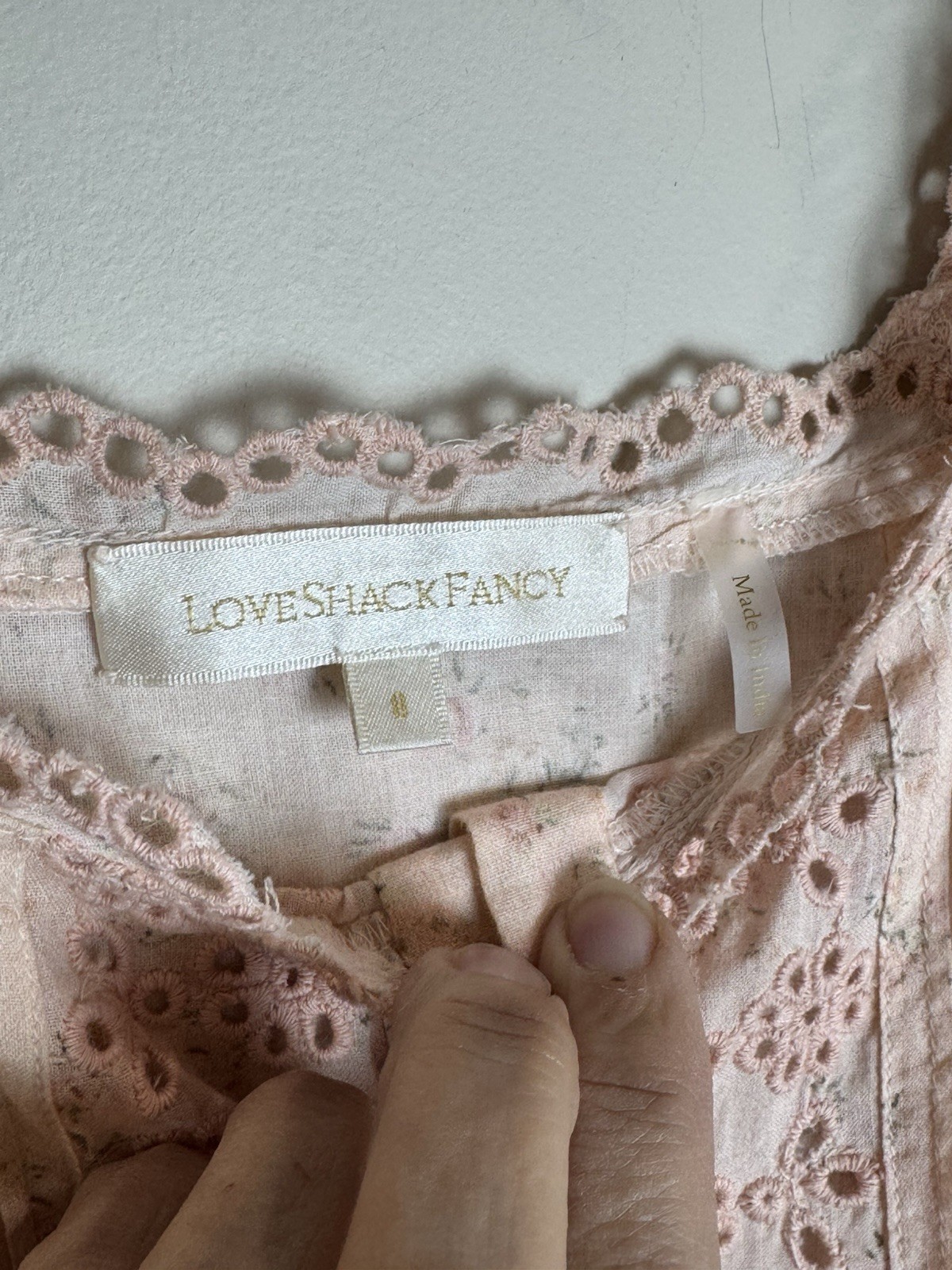 LoveShackFancy Helena Pink Eyelet Floral Square Neck Puff Sleeve Maxi Dress SZ 8