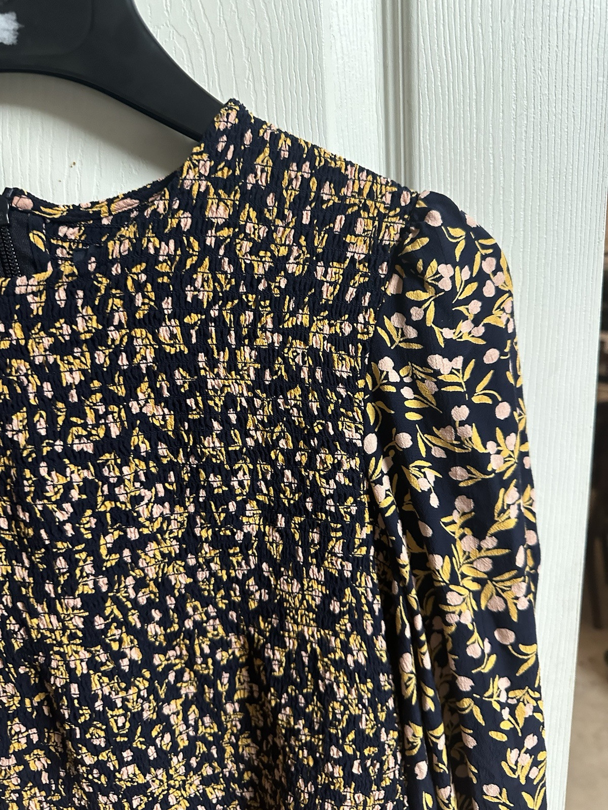 French Connection Floral Smocked Dress Tunic Black Gold Pink Baby Doll XL 16