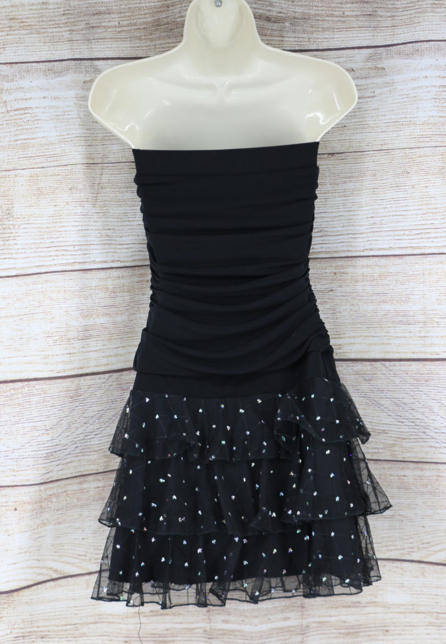 Y2K Womens Size Medium Strapless Ruched Short Party Dress Black Lace Sequins