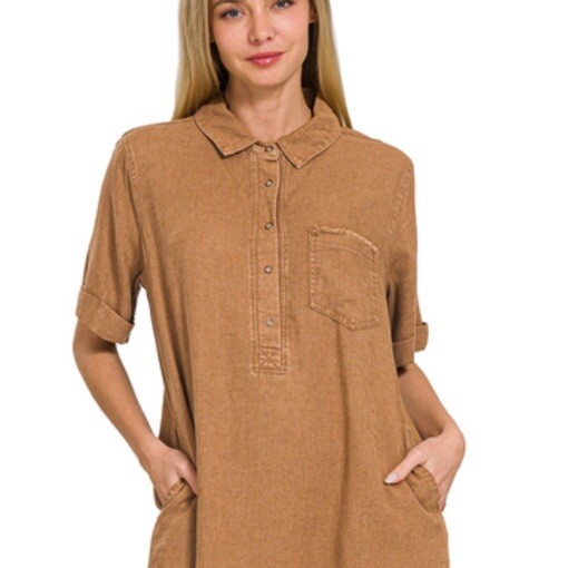 Zenana Washed Linen Raw Edge Button Down V Neck Dress Color Camel Size Small