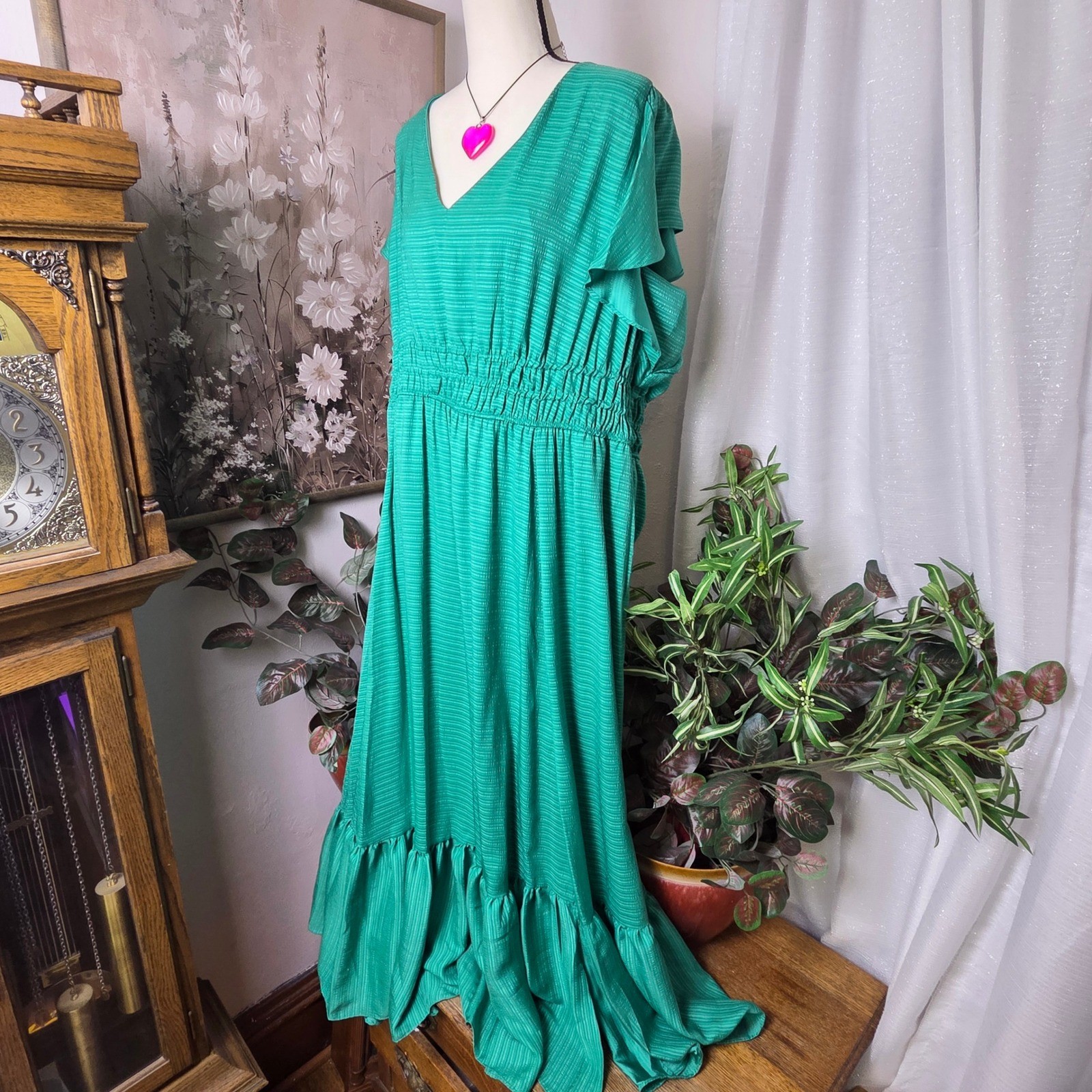 Taylor Green Textured Stripe V-Neck Maxi Dress Smocked Waist Ruffle 22W RN67473