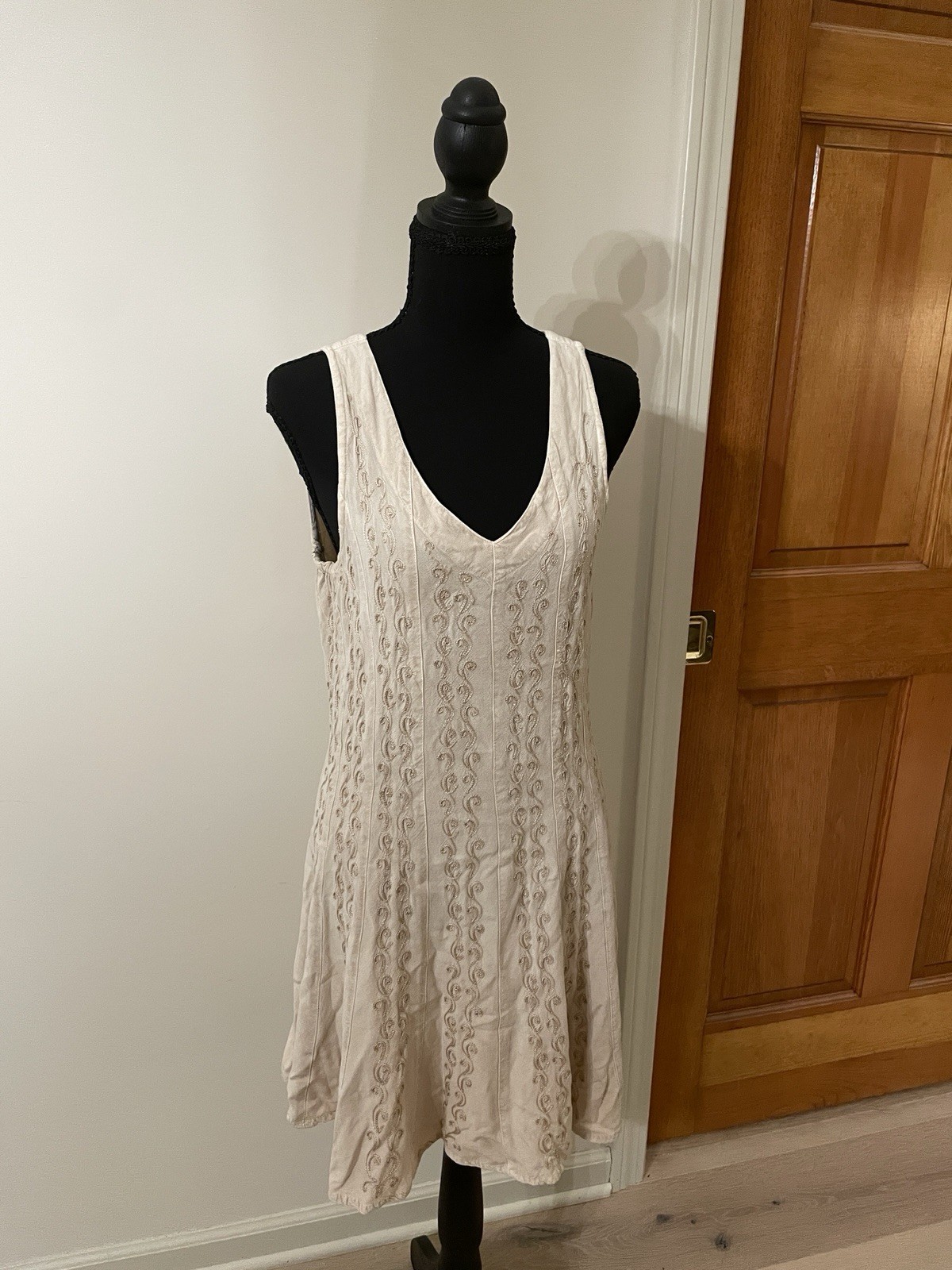 Sacred Threads Cream Tan Mini Dress Hippie Boho Embroidered Bohemian Flowy, M
