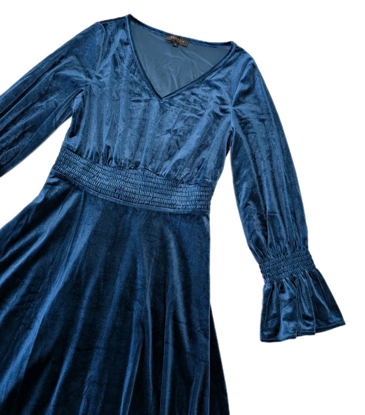 Womens Peacock Blue Velvet Elastic Smocked Waist V-neck Midi Party Dress Size M