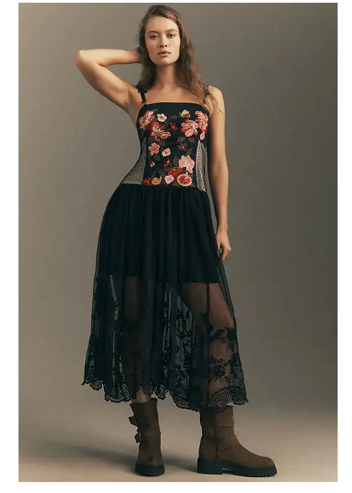 NWT Anthropologie Maeve Corset Twofer Sheer Midi Dress Embroidered Large