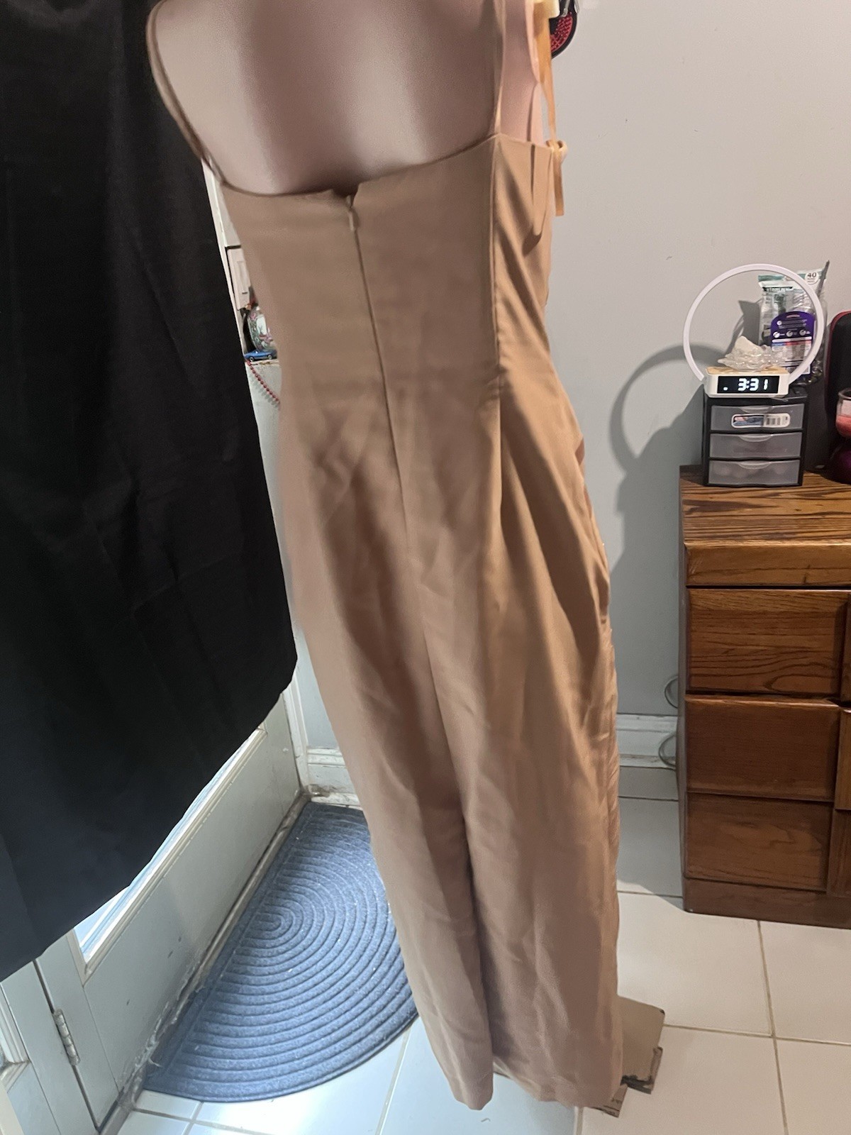 ASPEED Beige Satin Beaded Formal Maxi Dress Sleeveless Strappy Straight Neck L