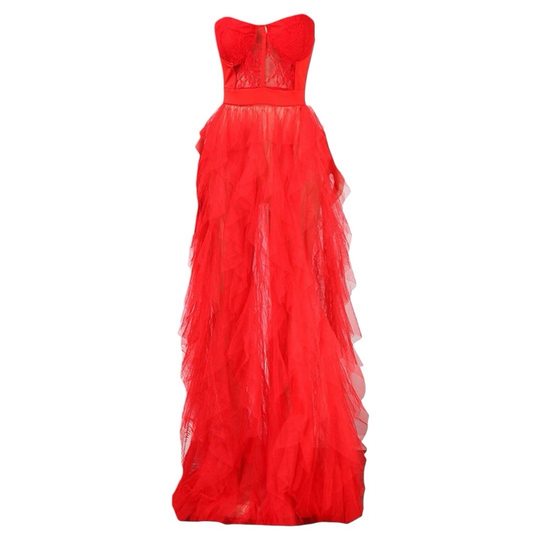 Corset-ruffled red backless Dress Size: Large