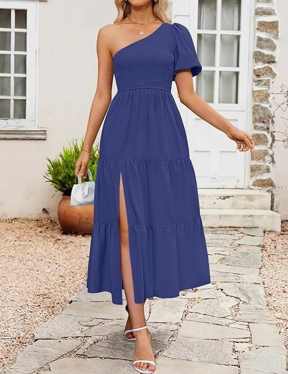 ZESICA Dress Size {Med} Boho/ One Shoulder/ Short Sleeve/ Side Split/ Ruffle