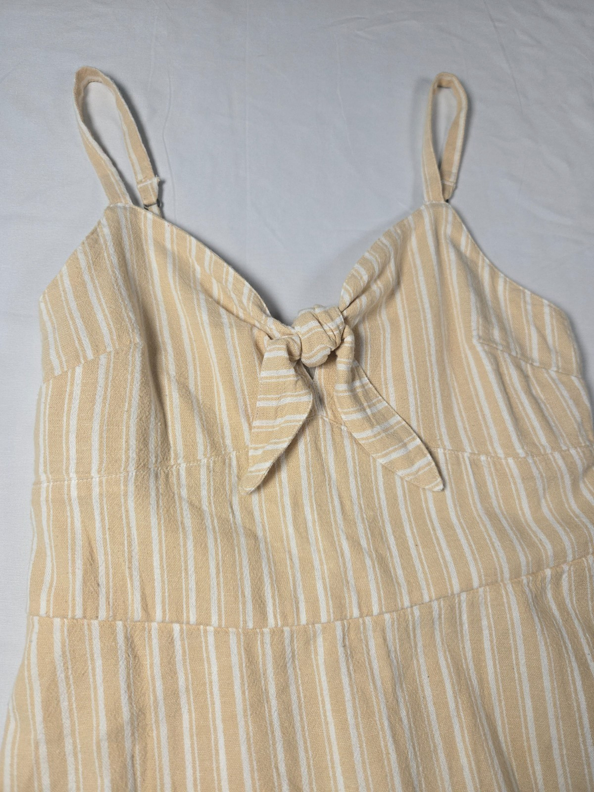 Striped Beige Cream Sundress Cotton Linen Sz M Babydoll Coastal Neutral Beachy