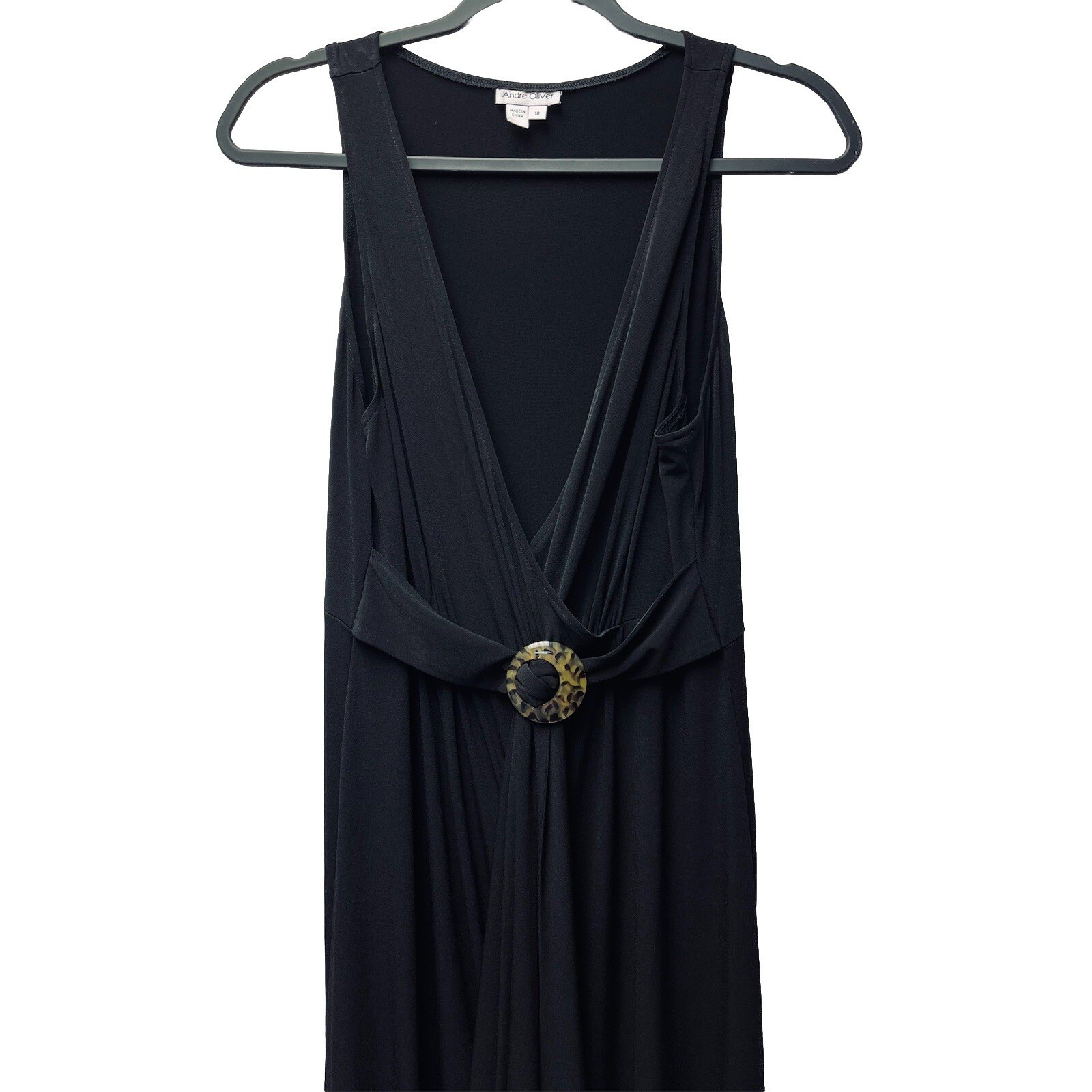 Andre Oliver 10 Black Faux Wrap Midi Dress Luxury Cocktail Plunge Sexy Romantic
