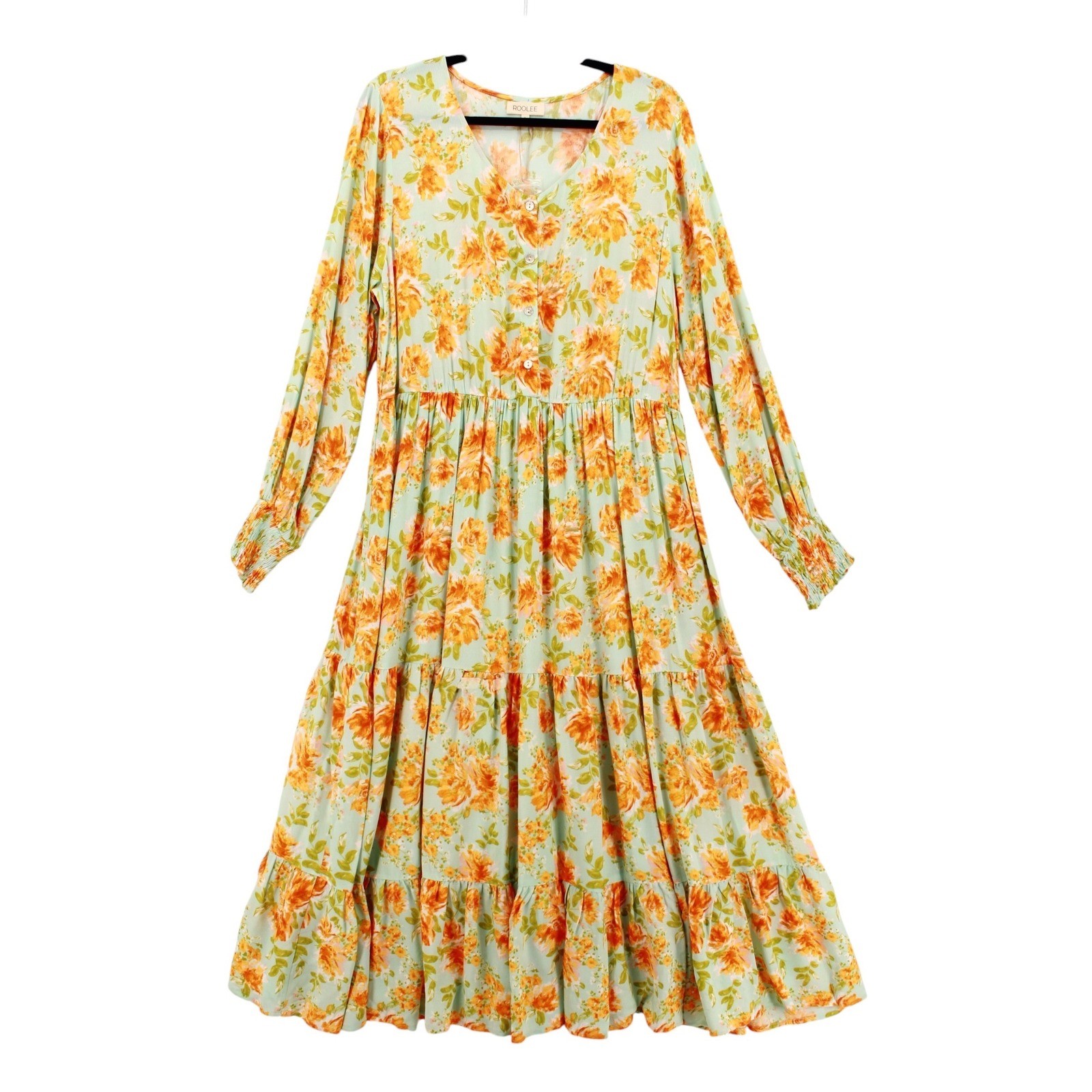 Roolee Floral Tiered Maxi Dress Large Green Orange Long Sleeve smocked cuffs