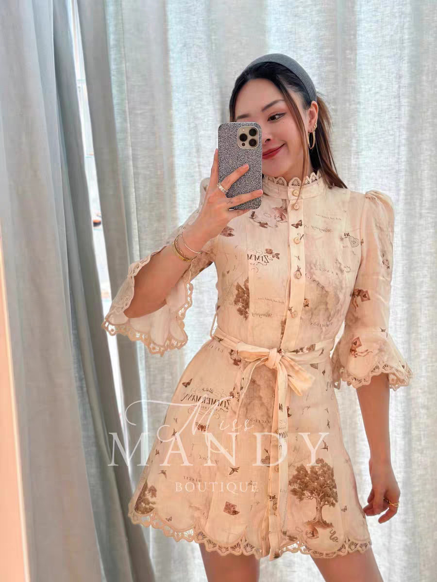NWT Zimmermann Resort Stand Collar Map Print Flutter Sleeve Belted Mini Dress