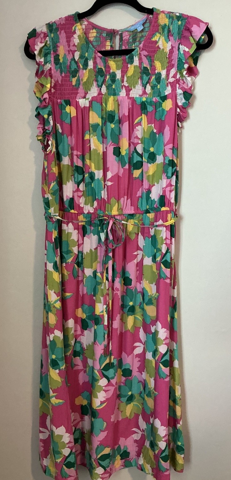 Draper James RSVP Smocked Yoke Ruffle Pink Floral Midi Dress Vibrant Spring XL