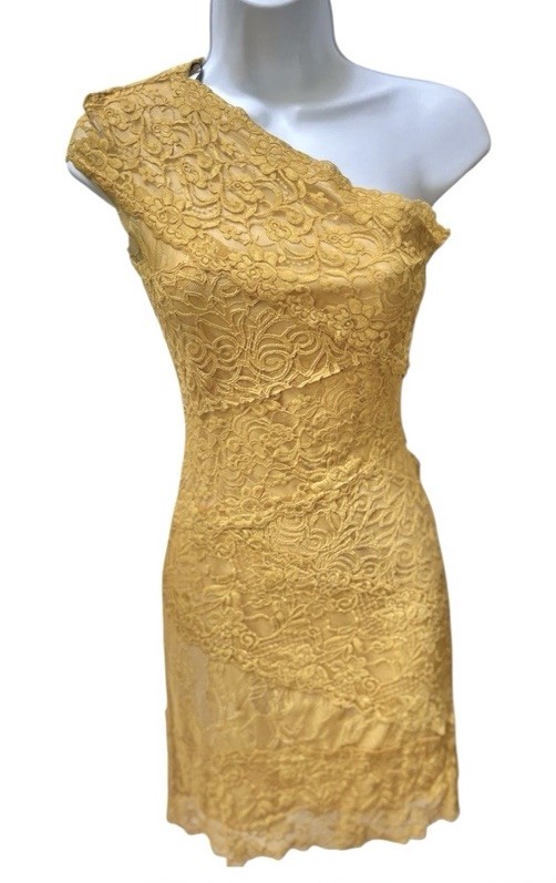 Bebe One Shoulder Lace Dress XS Yellow Gold Body con Stretch Lightweight Summer