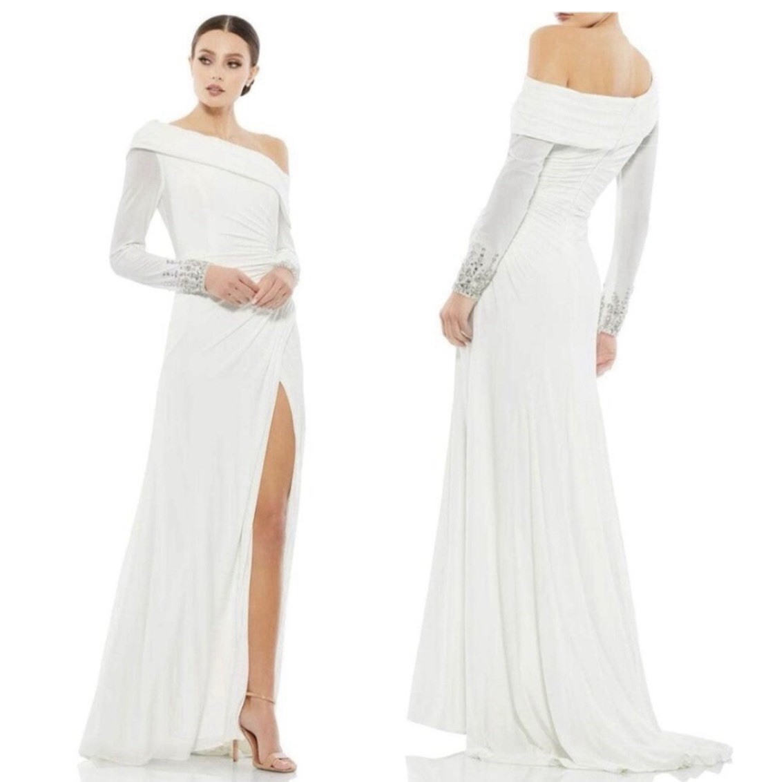 Mac Duggal White Off Shoulder Long Sleeve Beaded Cuff Side Slit Bridal Gown