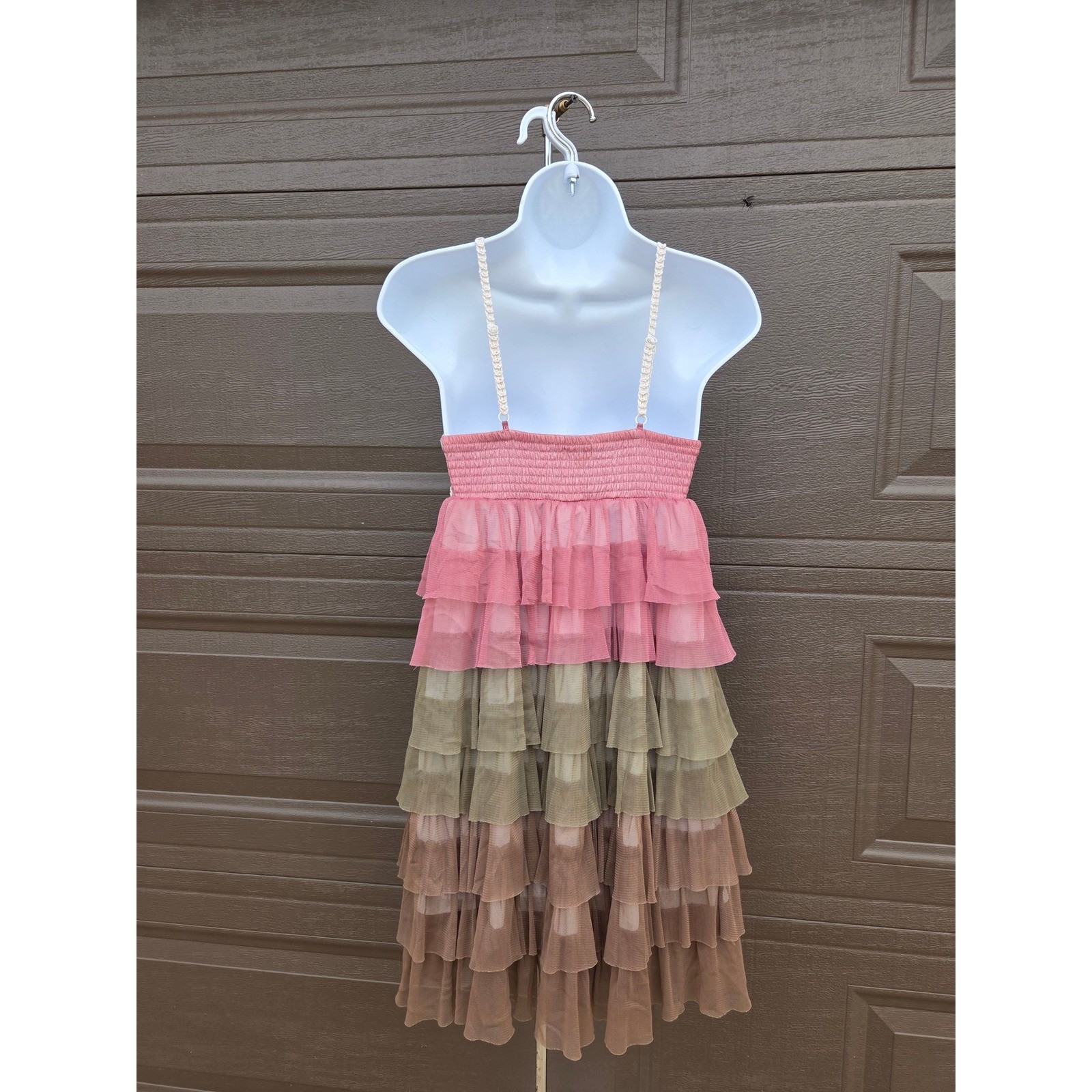 J Gee Boho Crochet Tiered Ruffle Mini Dress Pink Green Brown Mesh Festival Sz M