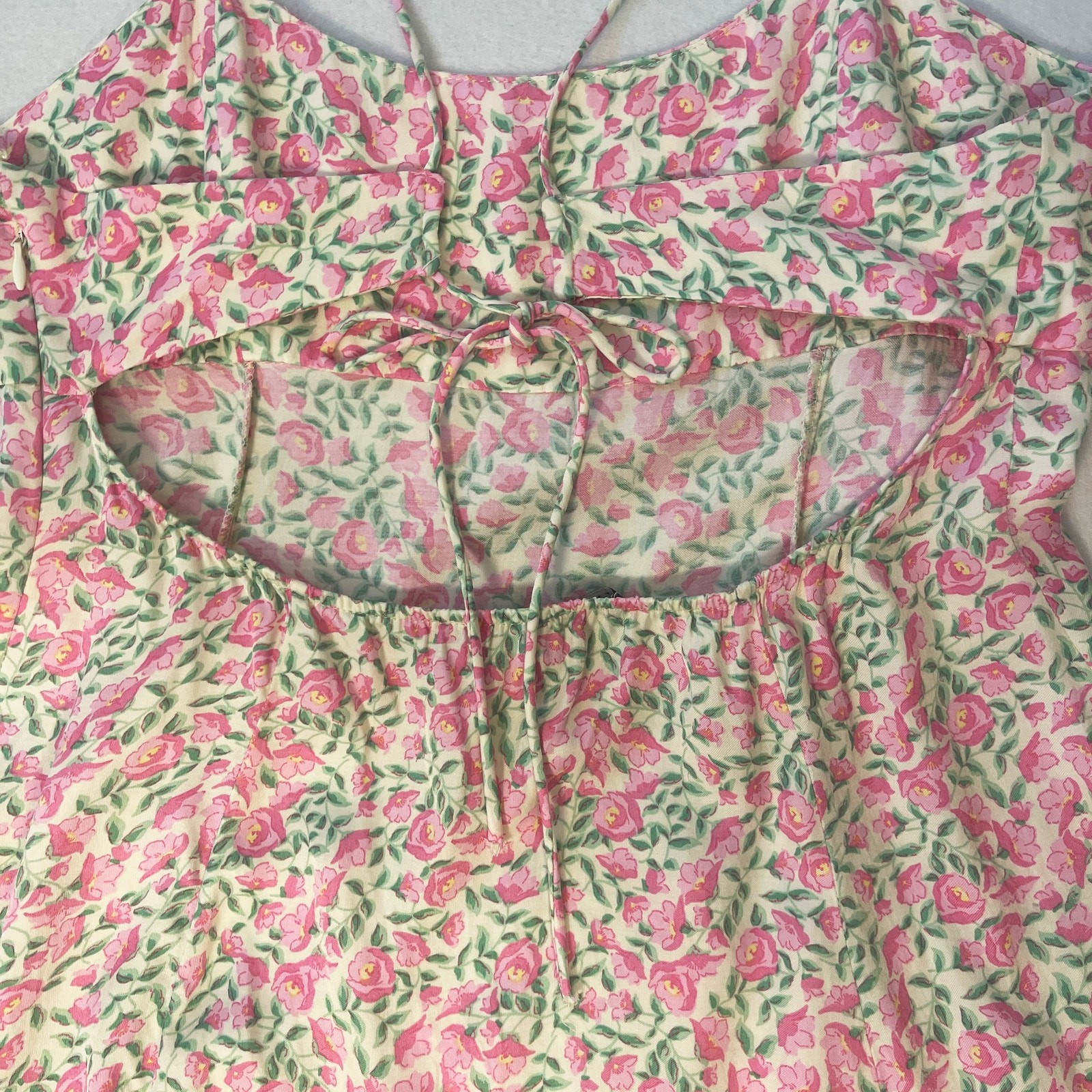 Zara Floral Open Back Mini Dress Pink Green 100% Viscose Tie Back Size XL