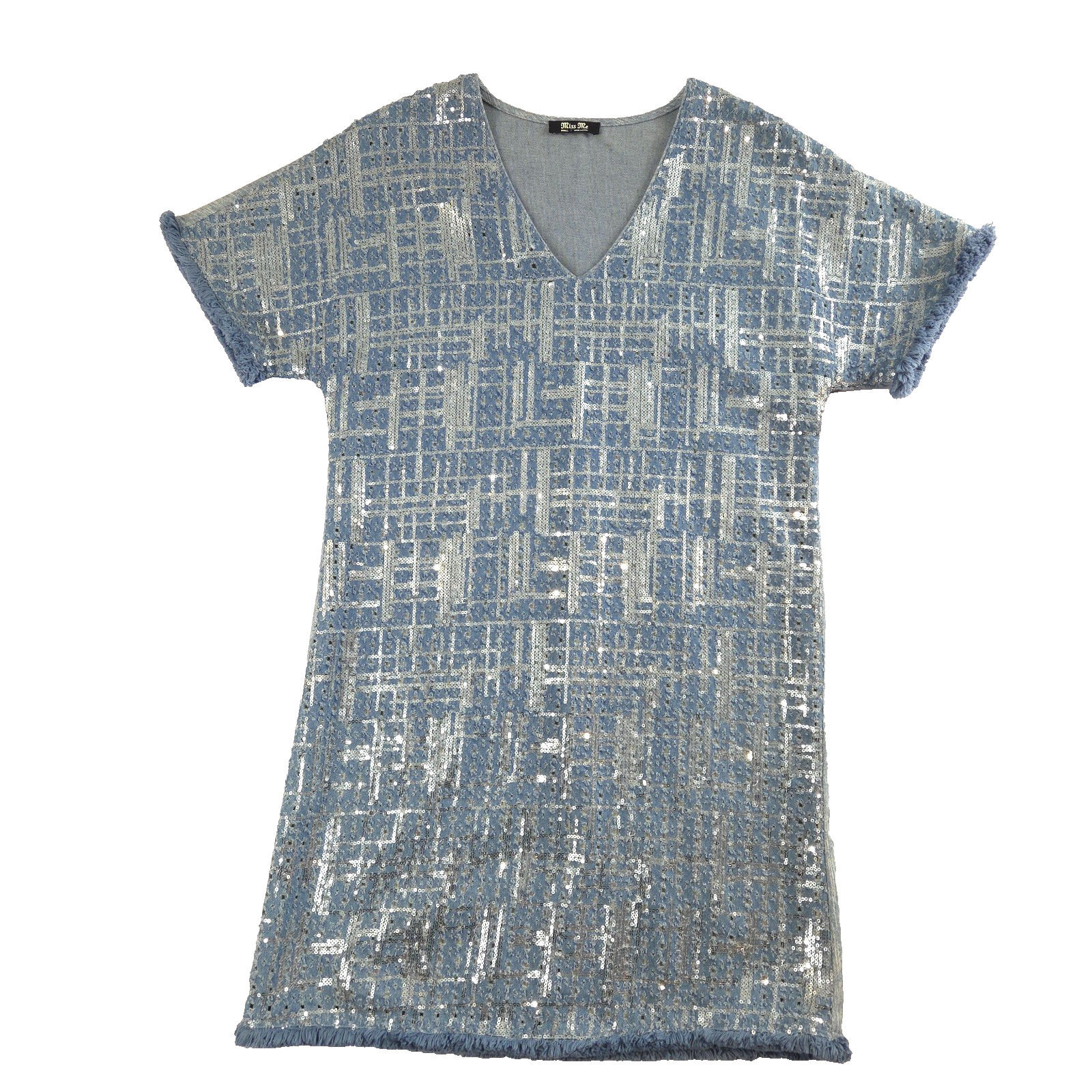 Miss Me Shortsleeve Sequin Denim Fringe Mini Dress Western Glam Cowgirl S