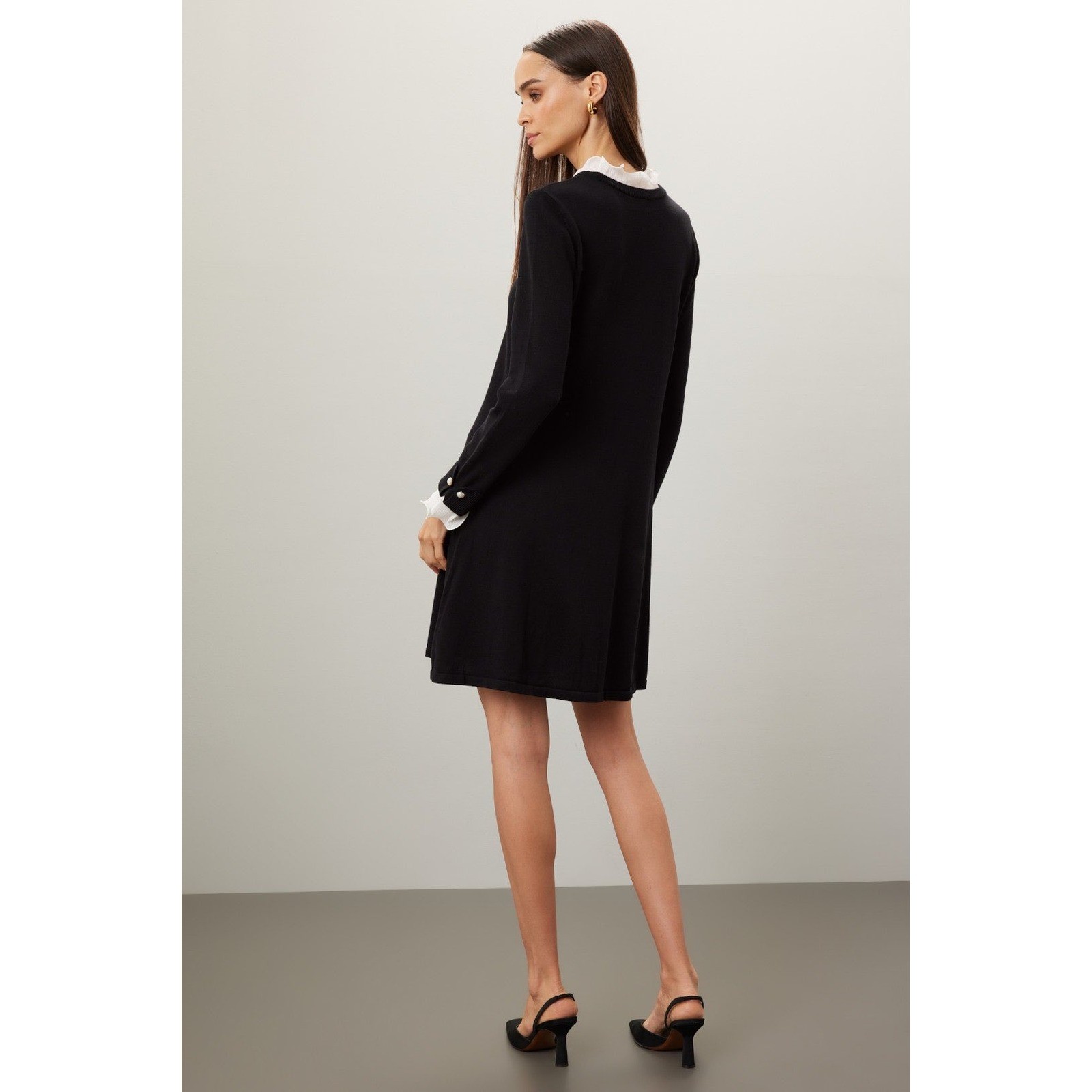 CeCe Black Knit Dress NWT Ruffle Collar Pearl Cuff Old Money Chic Minimalist
