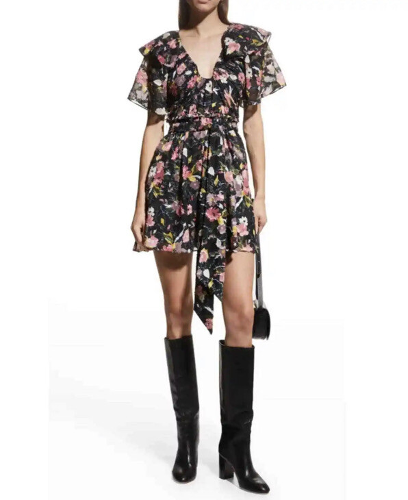 Tanya Taylor Mara Black Floral Print Flare V Neck Mini Dress Size 10 NWT
