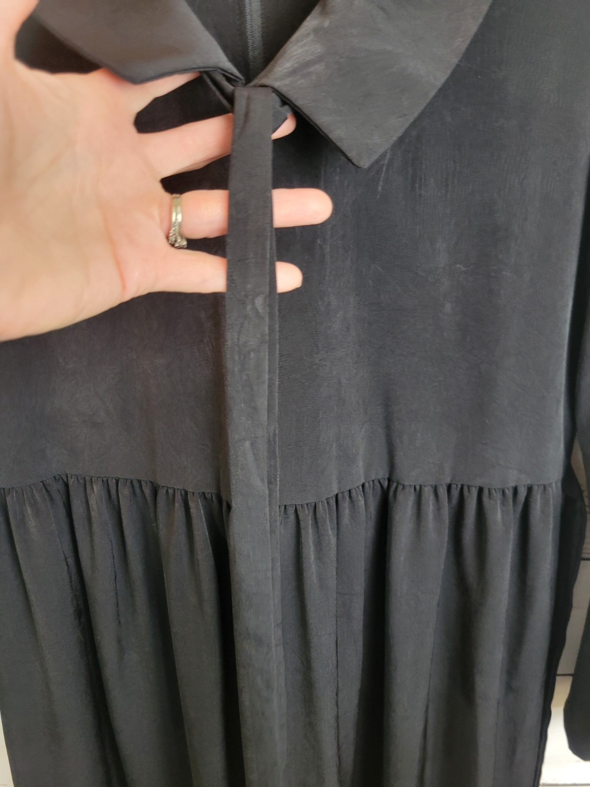 EJM Midi Dress Black Collared Tie Neck & Waist Long Sleeve Women’s Size 10P