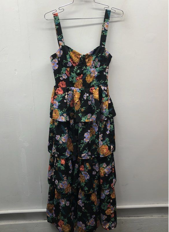 FORE Women’s Black Floral Tiered Ruffle Dress Adjustable Straps Size XS