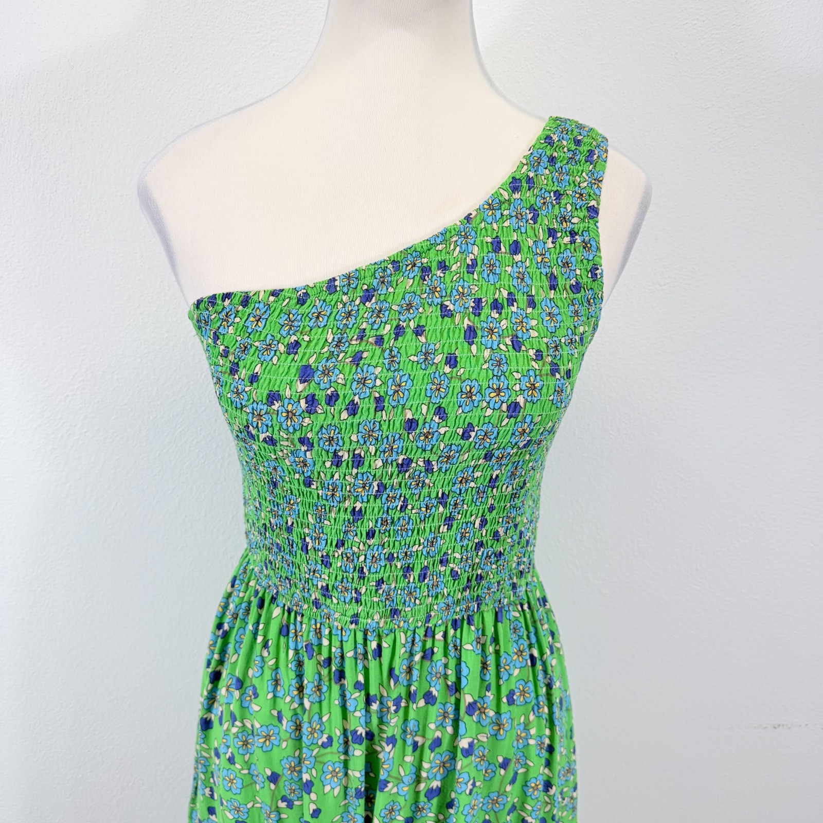 ZCSIA Smocked Floral One Shoulder Tiered Floral Green Midi Dress Size S