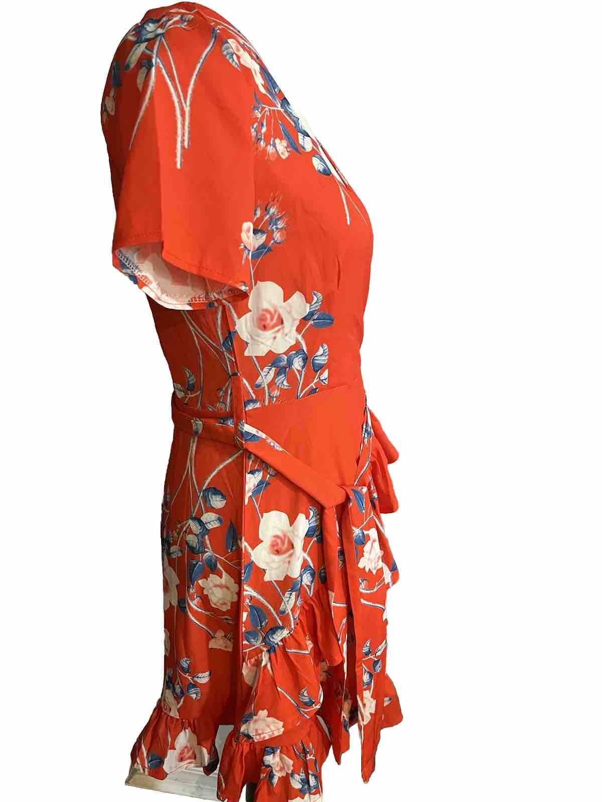 Locryz Women Small Dress Mini Wrap Cottagecore Blaze Orange Floral Romantic