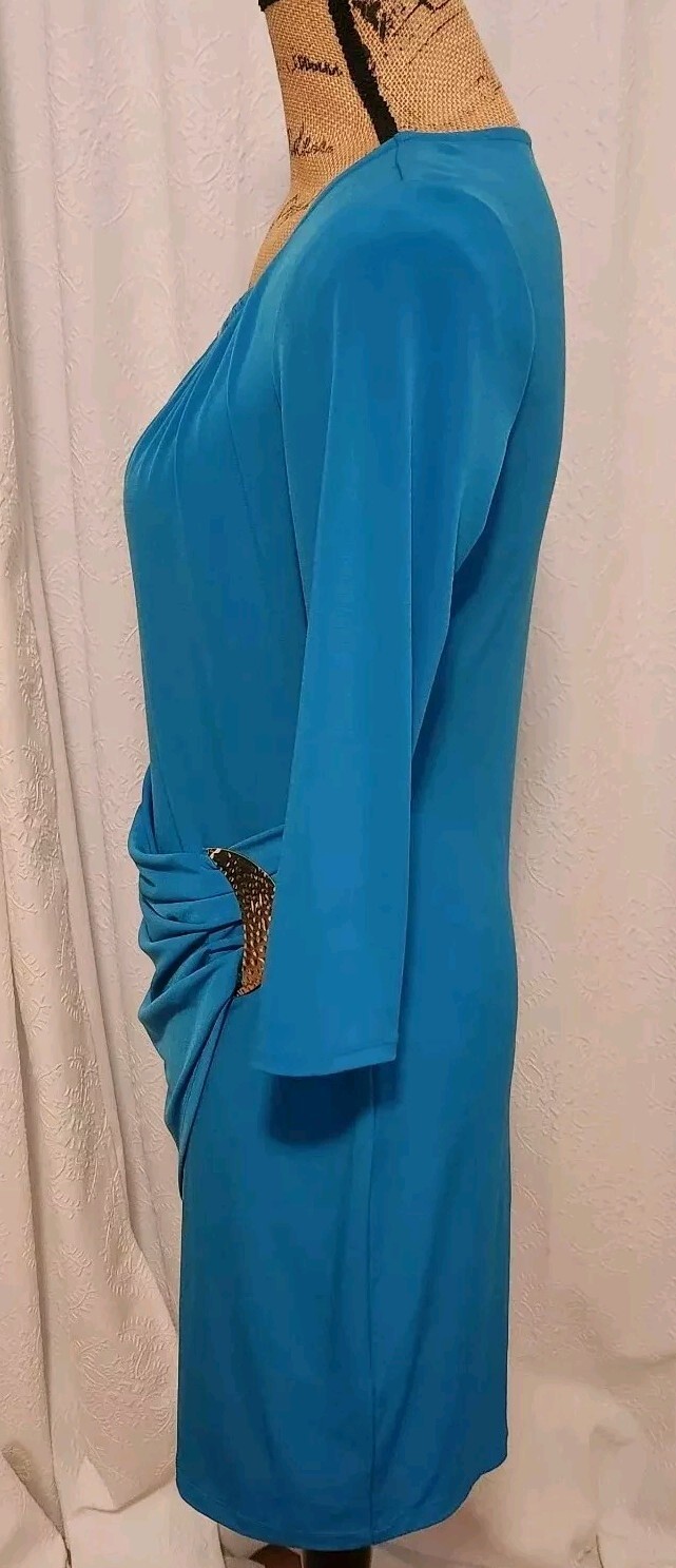 Thalia Sodi Women’s S Teal Blue 3/4 Sleeve Pleated Faux Wrap Buckle Accent Dress