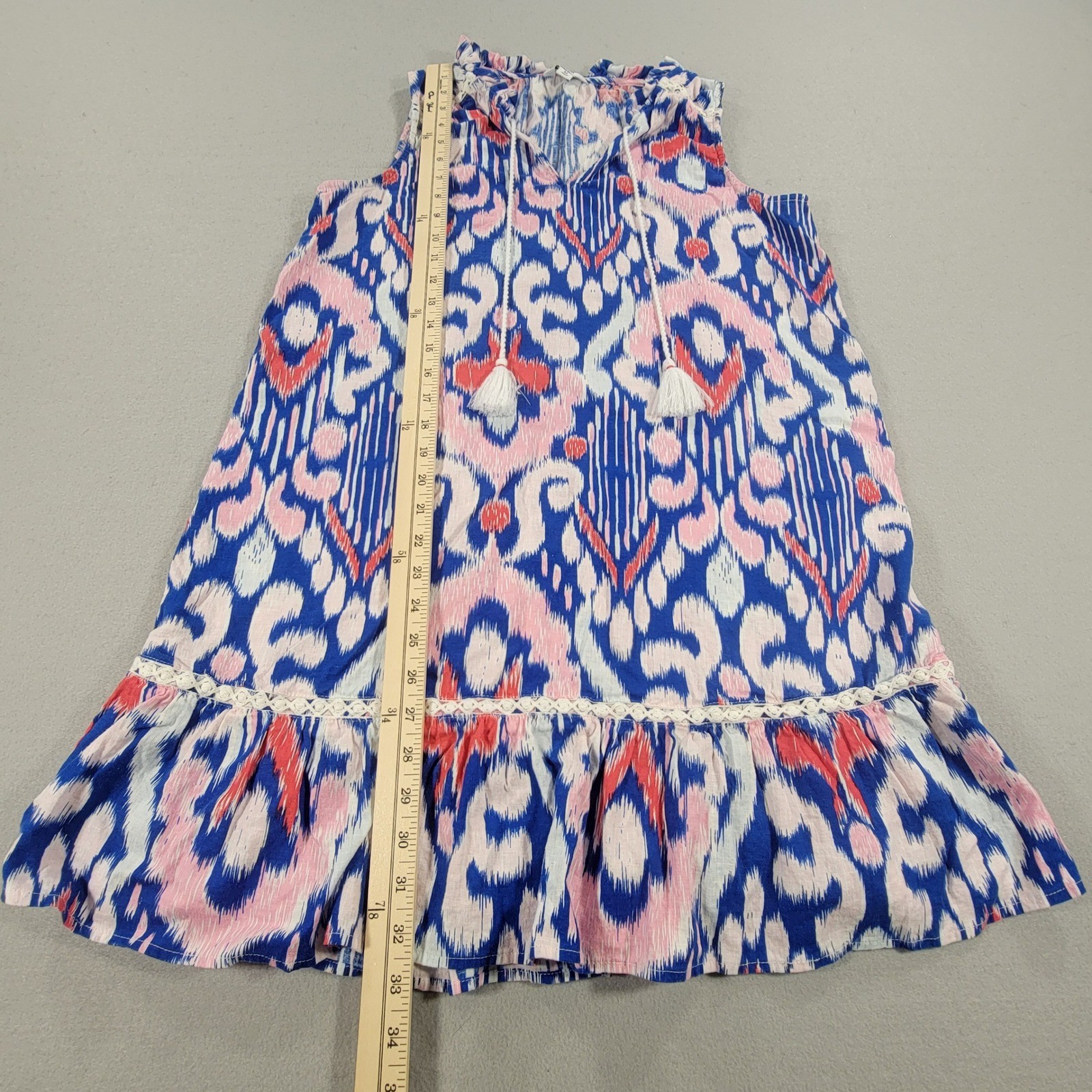 Crown & Ivy Ikat Tassel Shift Dress Linen Blend Sleeveless Ruffle Hem Women’s M