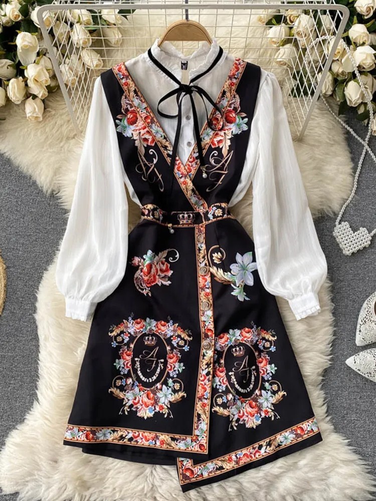 Spring Autumn Elegant 2 Piece Set Overalls Dress Women Bow Collar m-xxl