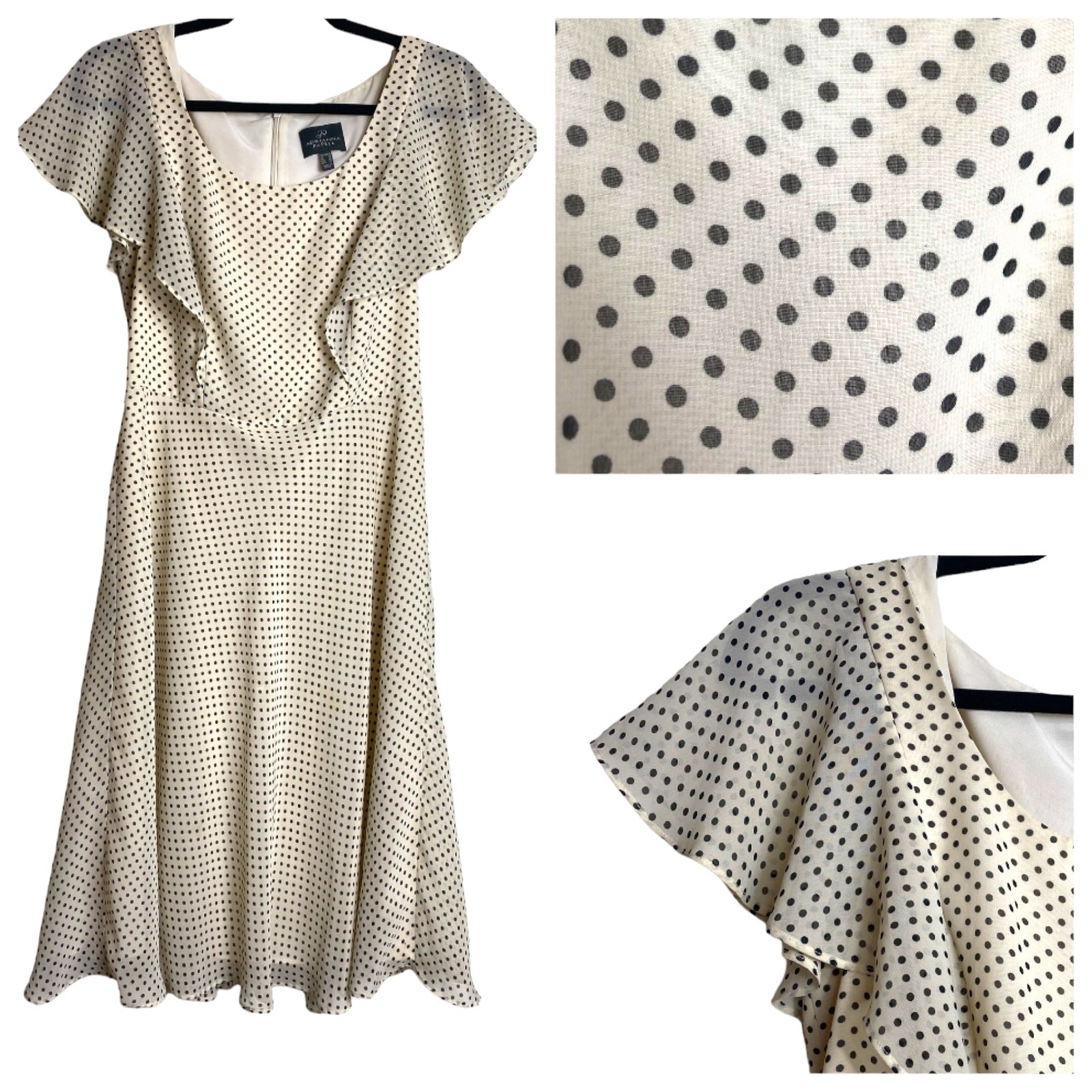 ADRIANNA PAPELL DRESS 6 POLKA DOT IVORY CREAM BLACK FLUTTER SLEEVE COCKTAIL MINI