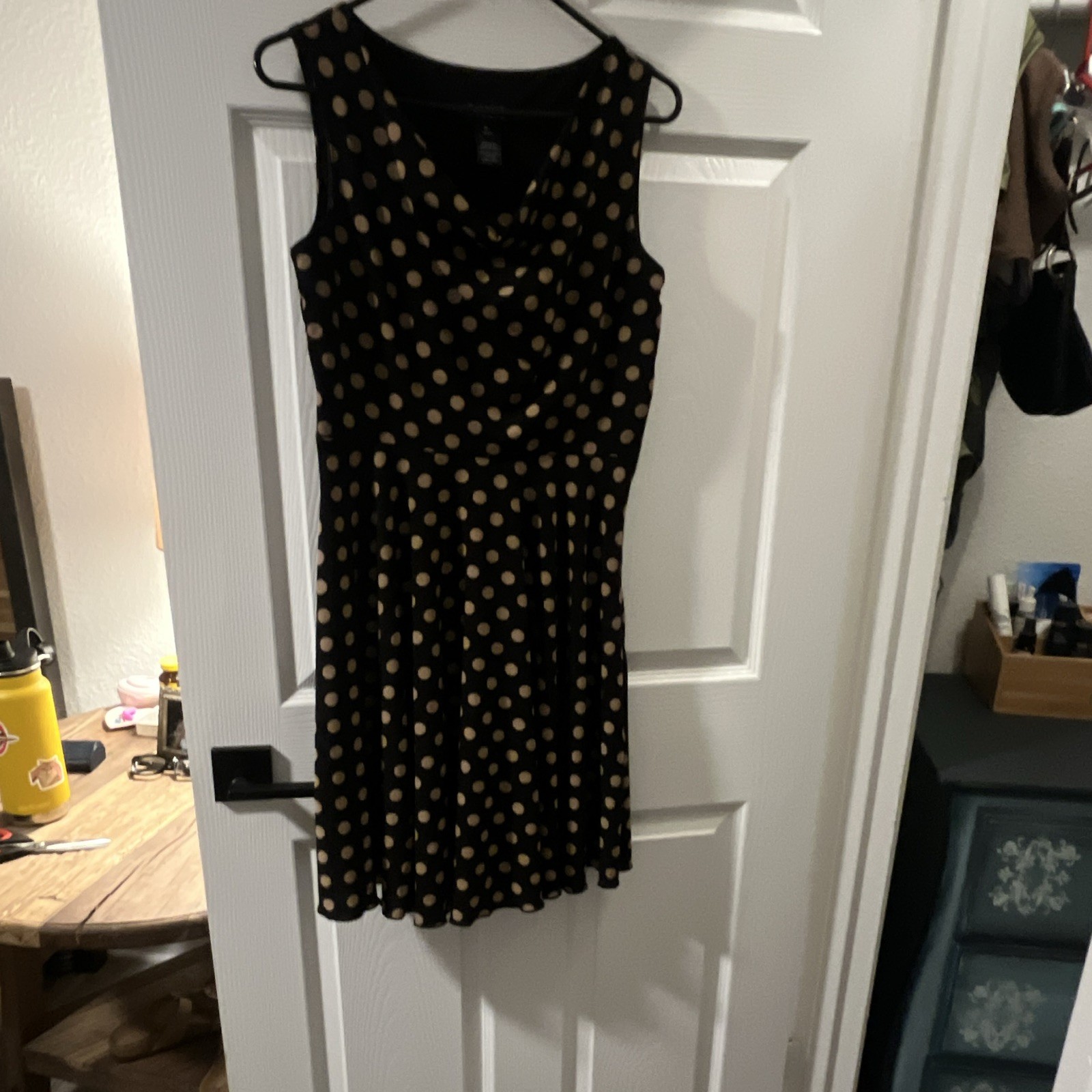 Enfocus Studio Womens 6 Black Beige Polka Dot Cowl Neck Fit & Flare Dress