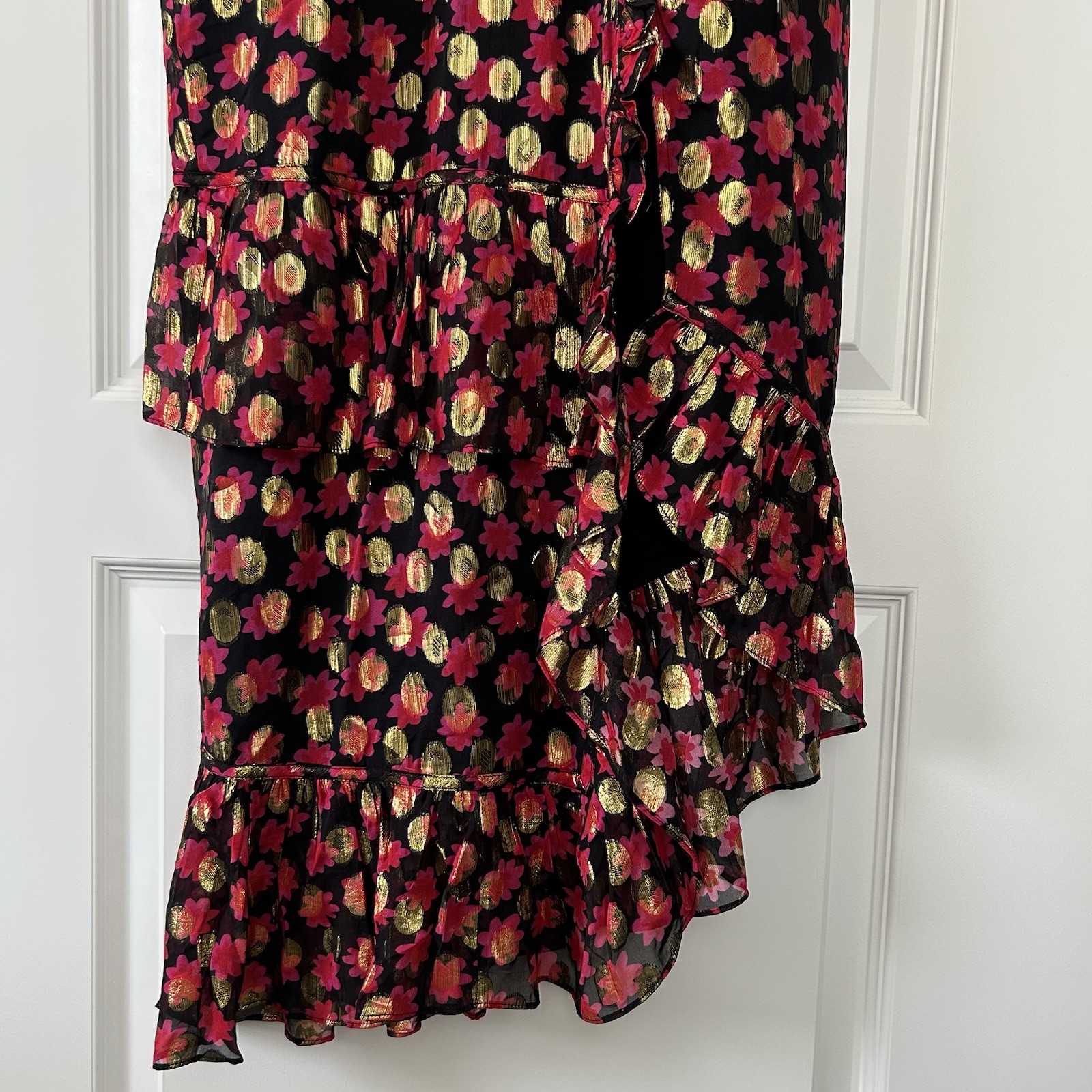 SALONI ANITA Ruffled Fil Coupe Chiffon Midi Dress 6 Silk Blend Cocktail Evening