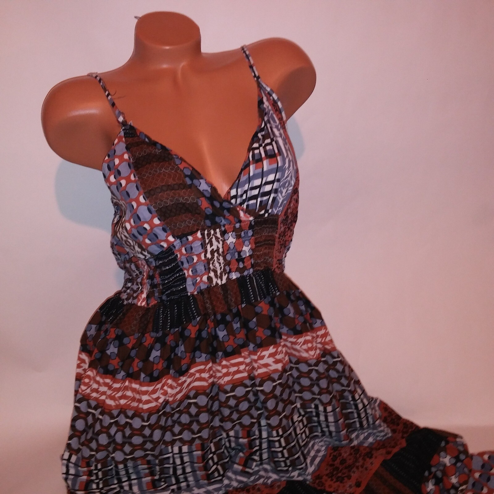 K Trixx Sun Dress Maxi Large Brown Blue White Smocked Sleeveless