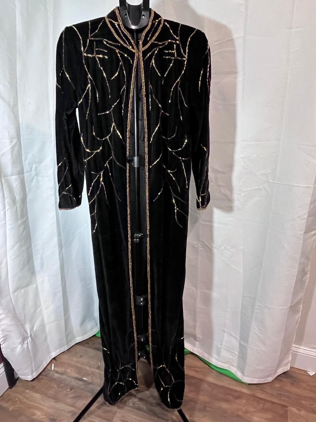 Black Velvet Beaded Sequin Duster Coat Open Front Floor Length Jacket