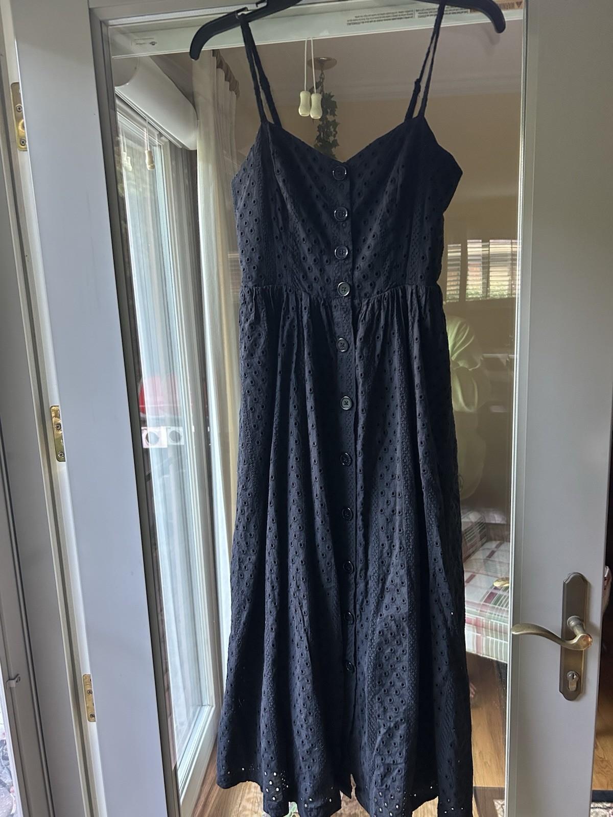 Urban Outfitters Button Front Midi Dress S Black Eyelet Adjustable Strap Pockets